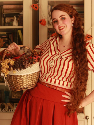 2PCS Orange Rot 1950er Gestreifte Bluse & Faltenrock