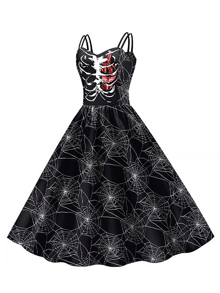 Schwarzes 1950er Halloween Spaghetti Strap Spiderweb Kleid