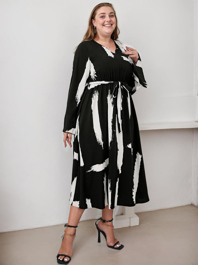 [Plus Szie] Schwarzes 1950er ausgestelltes Kleid mit langen Ärmeln und Schnürung
