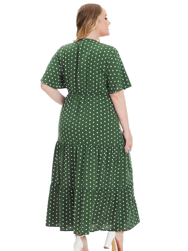 [Plus Size] Grünes 1950er V-Ausschnitt Polka Dots Maxikleid