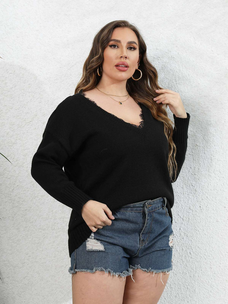 [Übergröße] Schwarzes Patchwork-Top mit V-Ausschnitt und Spitze