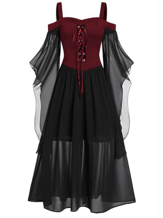 Tiefrot 1950er Halloween Gothic Hexe Transparentes Ärmel Träger Kleid