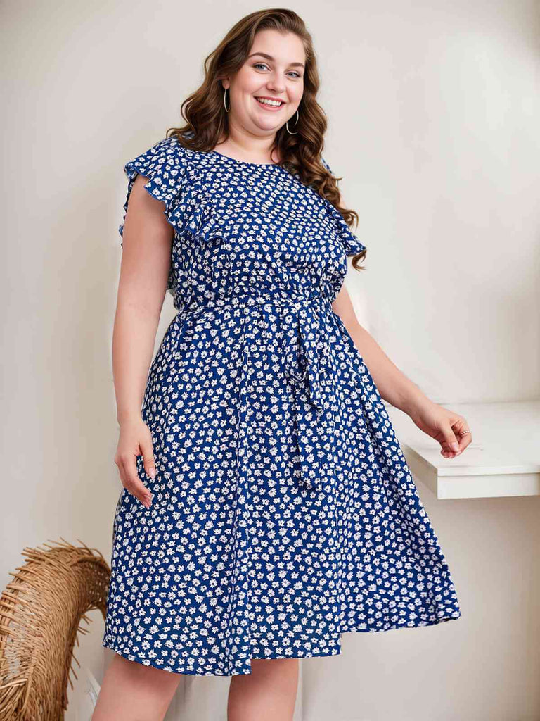 [Plus Size] Blaues 1950er Kleid mit Rüschenärmeln