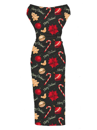 Schwarzes 1960er Weihnachtskleid mit schmalen Plissee-Ärmeln