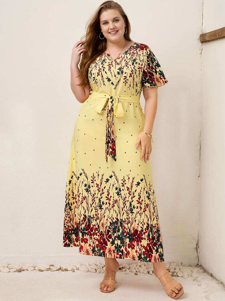 [Plus Size] Gelbes 1950er-Jahre-Blumen-Swing-Kleid mit Gürtel