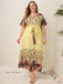 [Plus Size] Gelbes 1950er-Jahre-Blumen-Swing-Kleid mit Gürtel