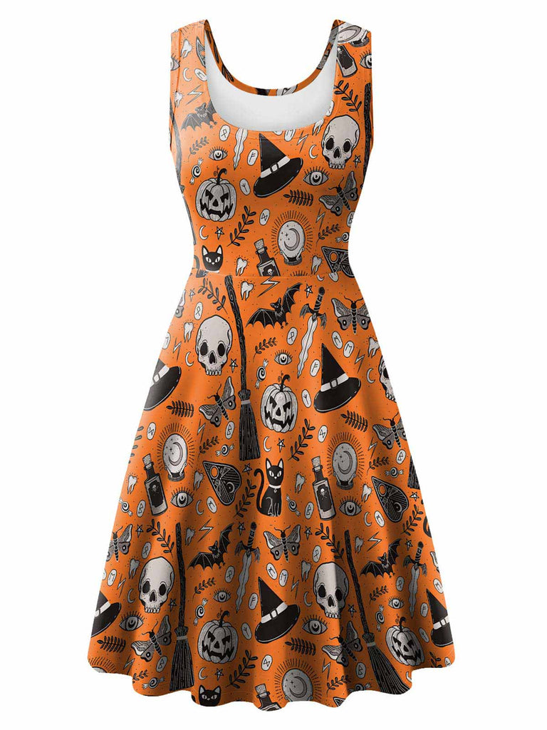 1950er Halloween Ärmelloses Kürbis-Totenkopf Kleid