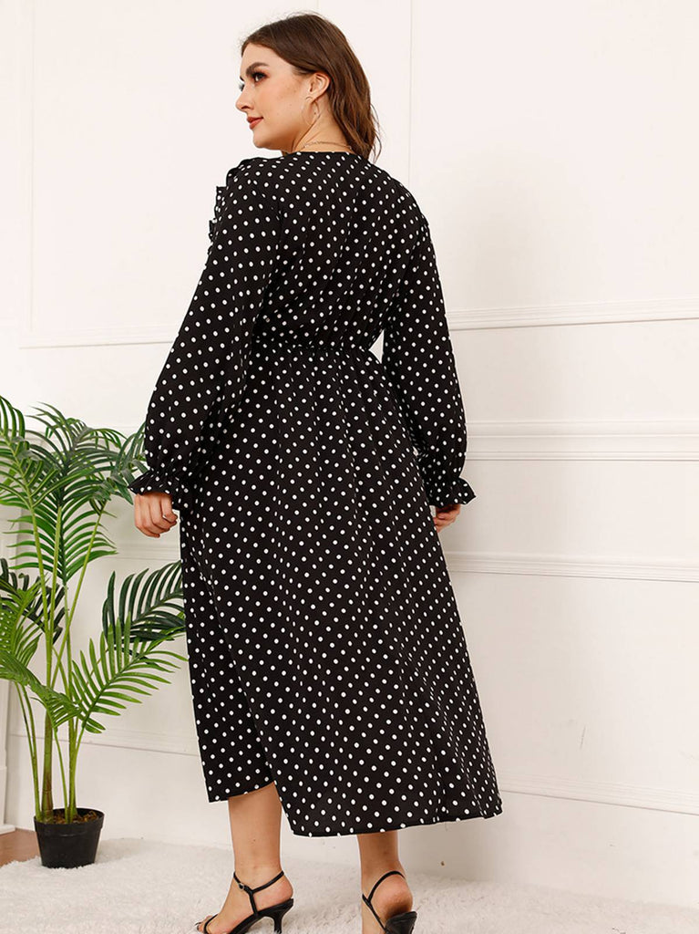 [Plus Size] Schwarzes 1950er V-Ausschnitt Kleid mit Tupfen