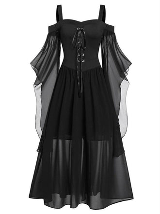 Schwarz 1950er Halloween Gothic Hexe Transparentes Ärmel Träger Kleid