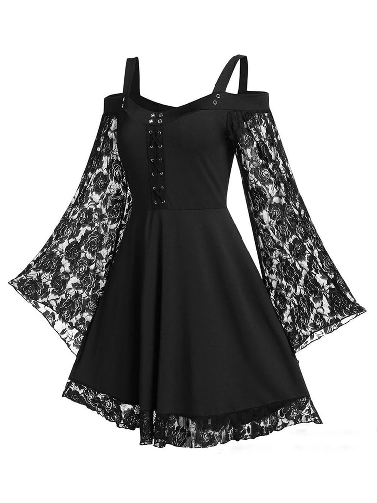 SCHWARZ SPITZE SPAGHETTI SWING KLEID