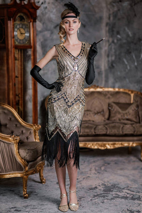 CHAMPAGNER 1920ER PERLEN FRANSE FLAPPER KLEID
