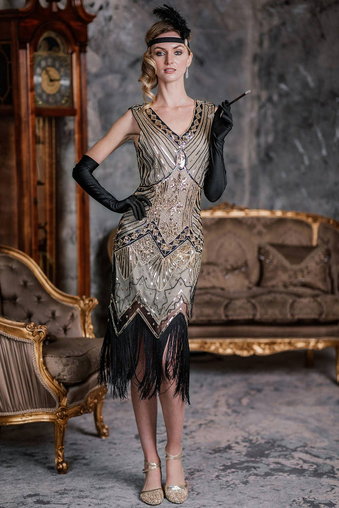 CHAMPAGNER 1920ER PERLEN FRANSE FLAPPER KLEID