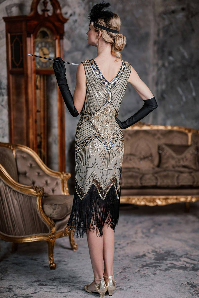 CHAMPAGNER 1920ER PERLEN FRANSE FLAPPER KLEID