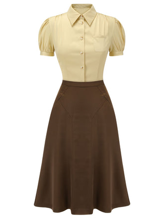 2PCS Revers Puffärmel solide Bluse & Rock mit hoher Taille