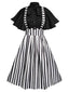 2PCS 1950er Beetlejuice Kostüm Schwarz Rüschenärmel Bluse & Streifen Straps Rock
