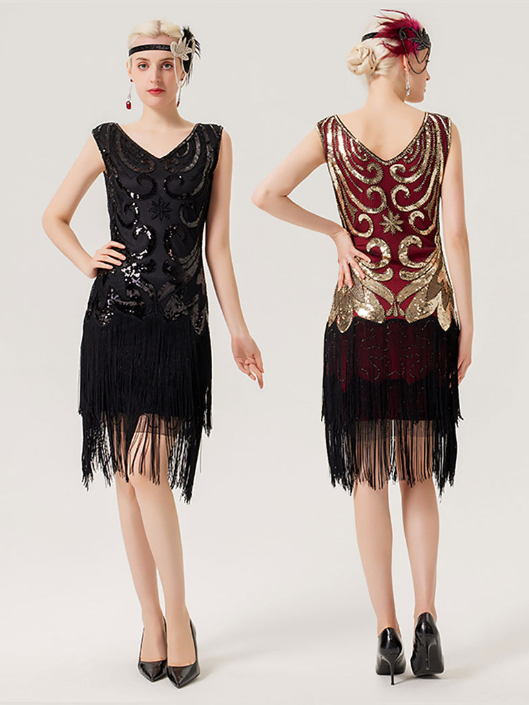 1920er Paillettenbesetztes gefranstes V-Ausschnitt Charleston Kleid