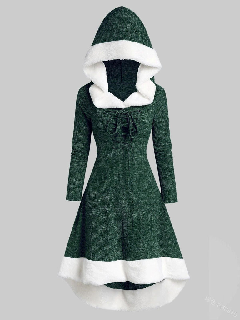 PELZIGES PATCHWORK EINFARBIGES SCHNÜRKLEID