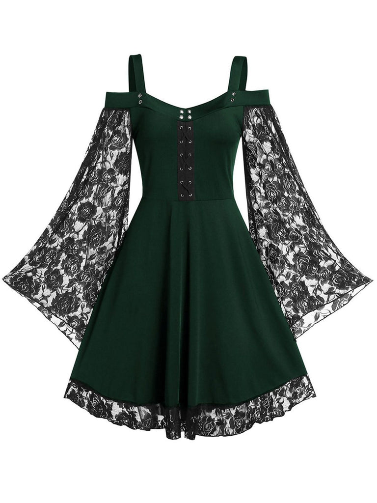 SCHWARZ SPITZE SPAGHETTI SWING KLEID