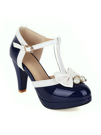 Marineblau Retro T-Gurt Bogen Hoher Absatz Schuhe