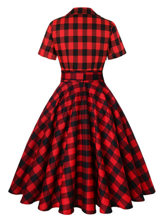 Rot 1950er Plaid Bogen Swing Kleid