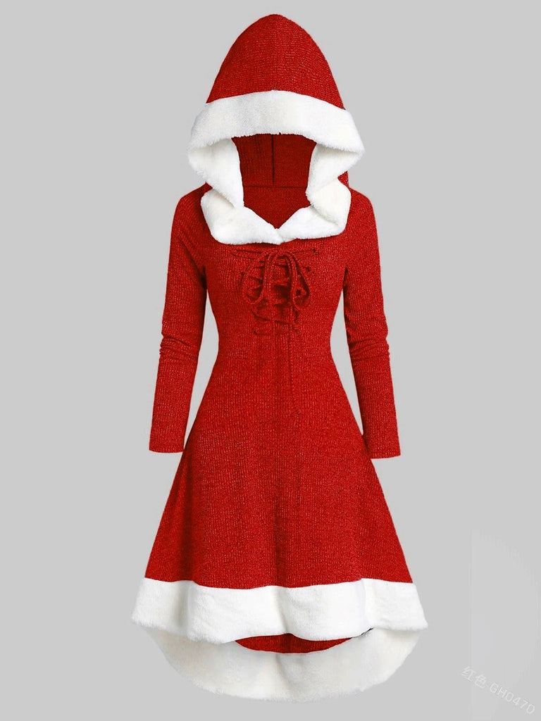PELZIGES PATCHWORK EINFARBIGES SCHNÜRKLEID
