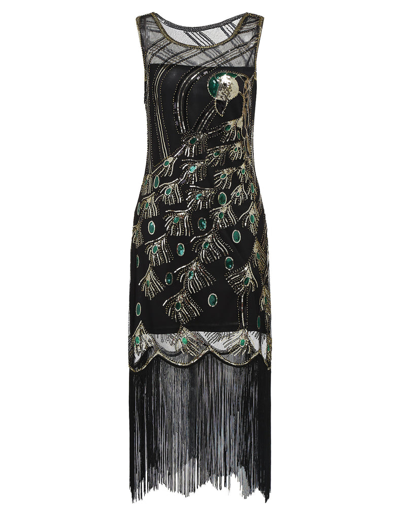 1920ER SCHWARZ PAILLETTEN PERLEN FRANSEN KLEID