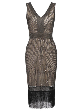 1920ER APRIKOSE PAILLETTEN FRINGE FLAPPER KLEID