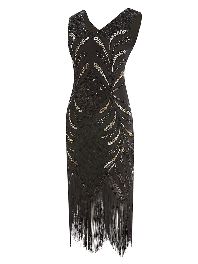 SCHWARZ 1920ER PAILLETTEN FRANSEN FLAPPER KLEID