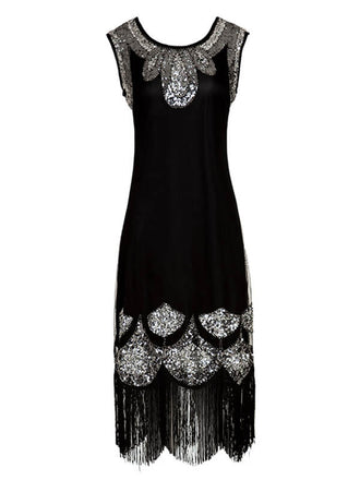 SCHWARZ 1920ER FRANSEN PAILLETTEN VINTAGE KLEID