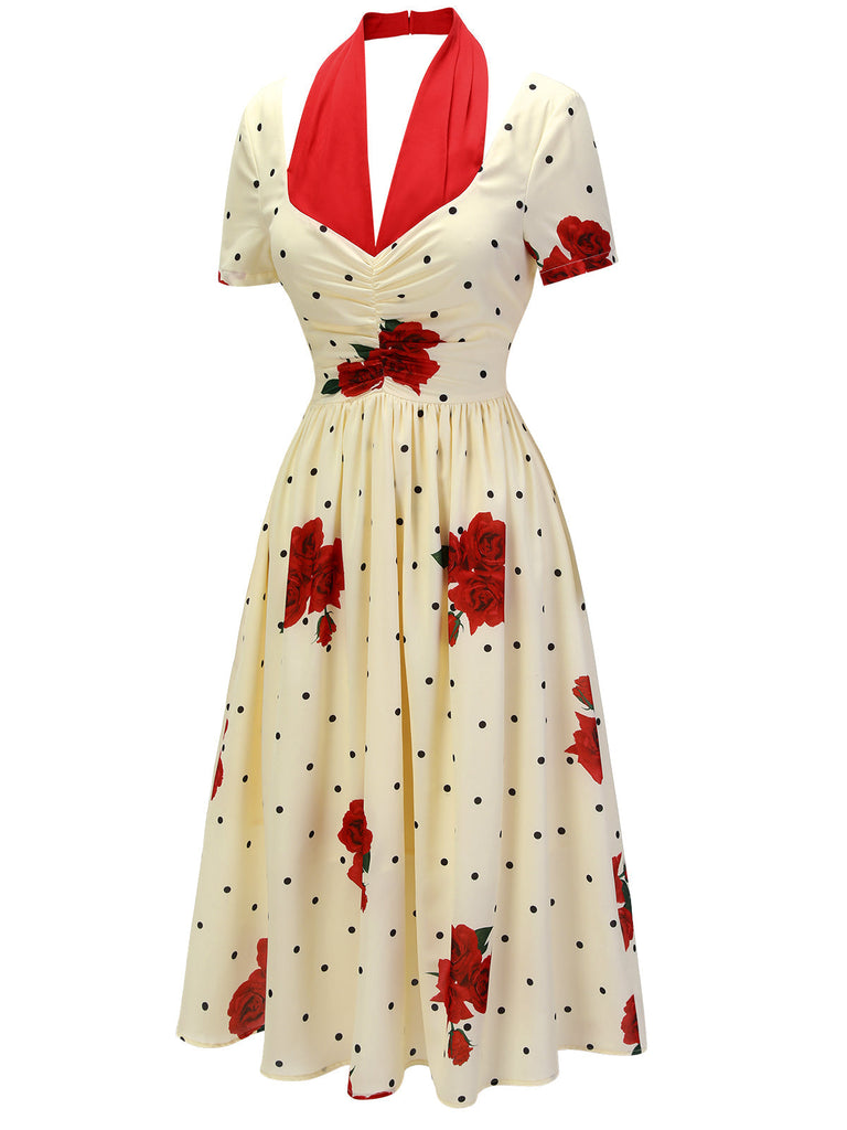 Beige 1930er Polka Dot Rose Patchwork Kleid