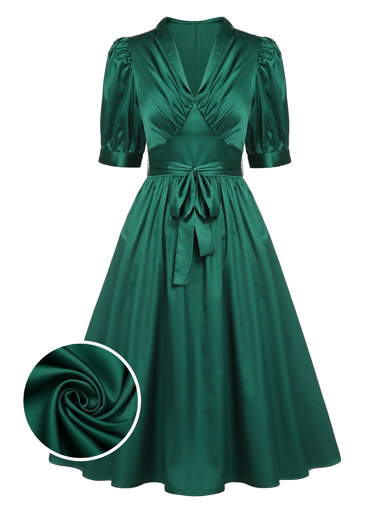 Dunkelgrünes 1940er Kleid Mit V-Ausschnitt Und Gürtel
