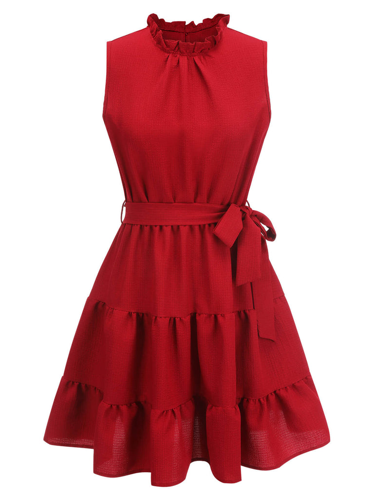 Rotes 1950er Rüschen Ärmelloses Kleid mit Gürtel