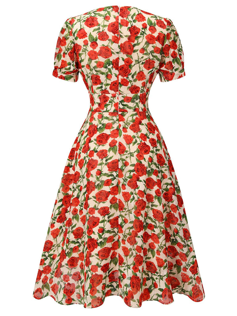Rotes 1940er Rose V-Ausschnitt Swing Kleid