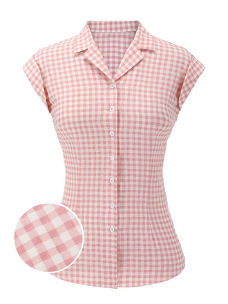 Rosa 1950er Gingham Hemd mit Revers