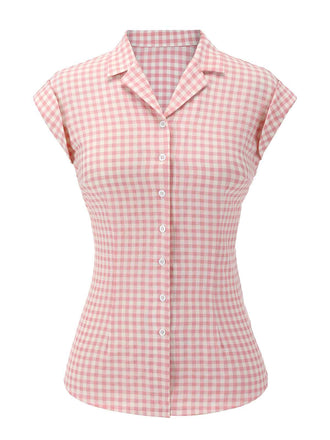 Rosa 1950er Gingham Hemd mit Revers