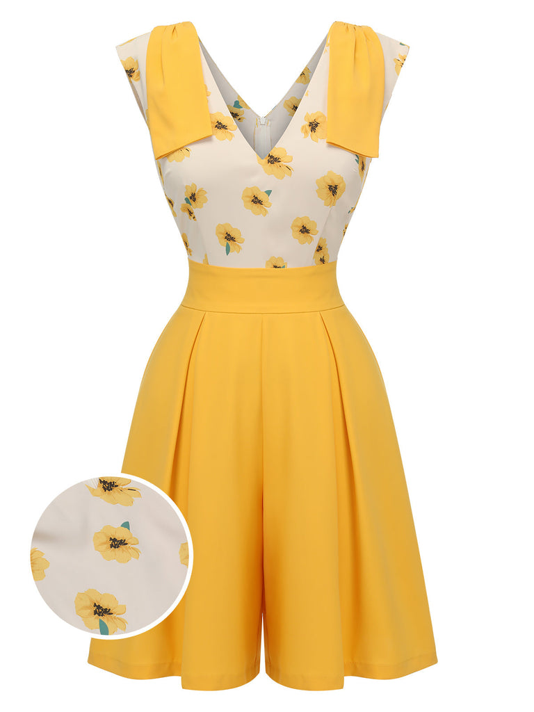 Gelber 1940er V-Ausschnitt Sonnenblumen Jumpsuit