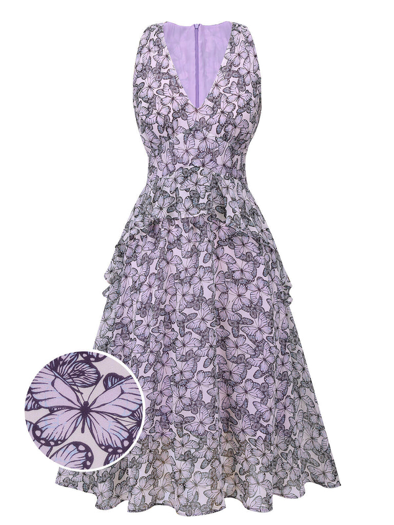 Lila 1930er Schmetterling V-Ausschnitt Ärmelloses Kleid