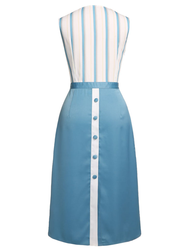 Blaues 1950er Streifen Patchwork-Taschenkleid