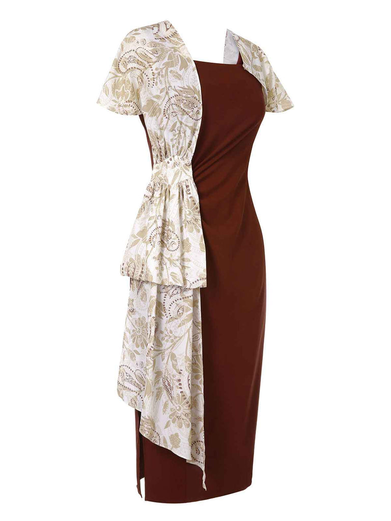 2PCS 1940er Solid Bodycon Kleid & Floral Outwear