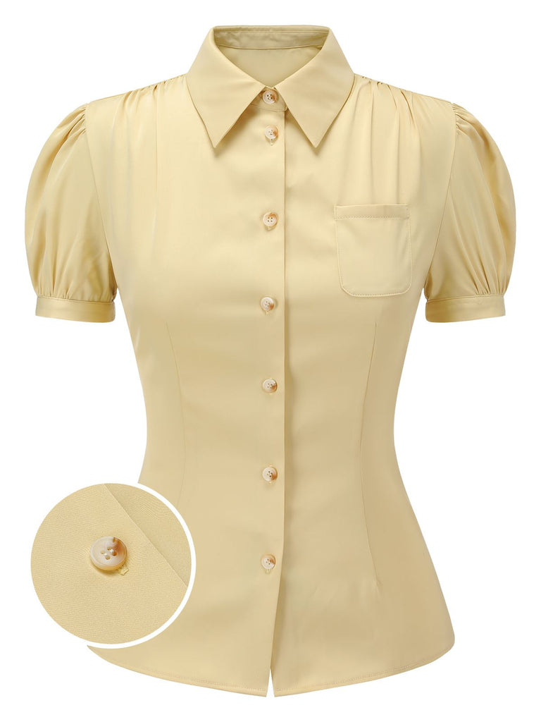 [Vorverkauf] Gelbe 1940er Revers Puffärmel solide Bluse