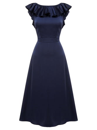 Dunkelblaues 1930er Volantärmel Trompetenkleid mit Rundhalsausschnitt