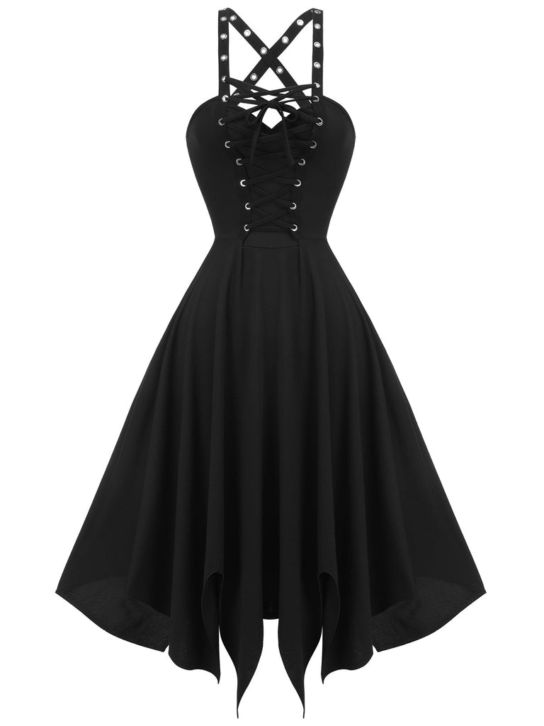 Schwarzes 1950er Spaghetti-Träger-Kleid im Gothic-Stil