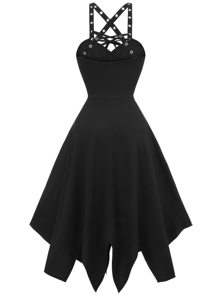 Schwarzes 1950er Spaghetti-Träger-Kleid im Gothic-Stil