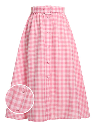 1950er Rosa karierter Rock mit Gürtel