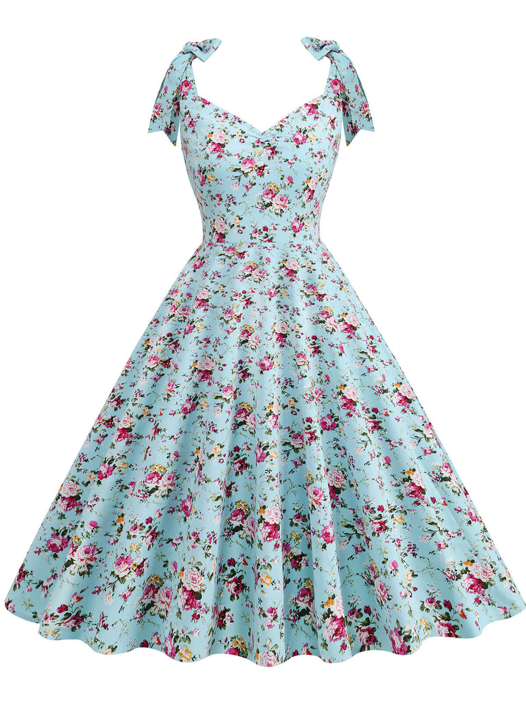 1950er Floral Schnürung Schulter V-Ausschnitt Swing Kleid
