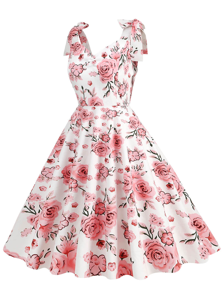 1950er Floral Schnürung Schulter V-Ausschnitt Swing Kleid