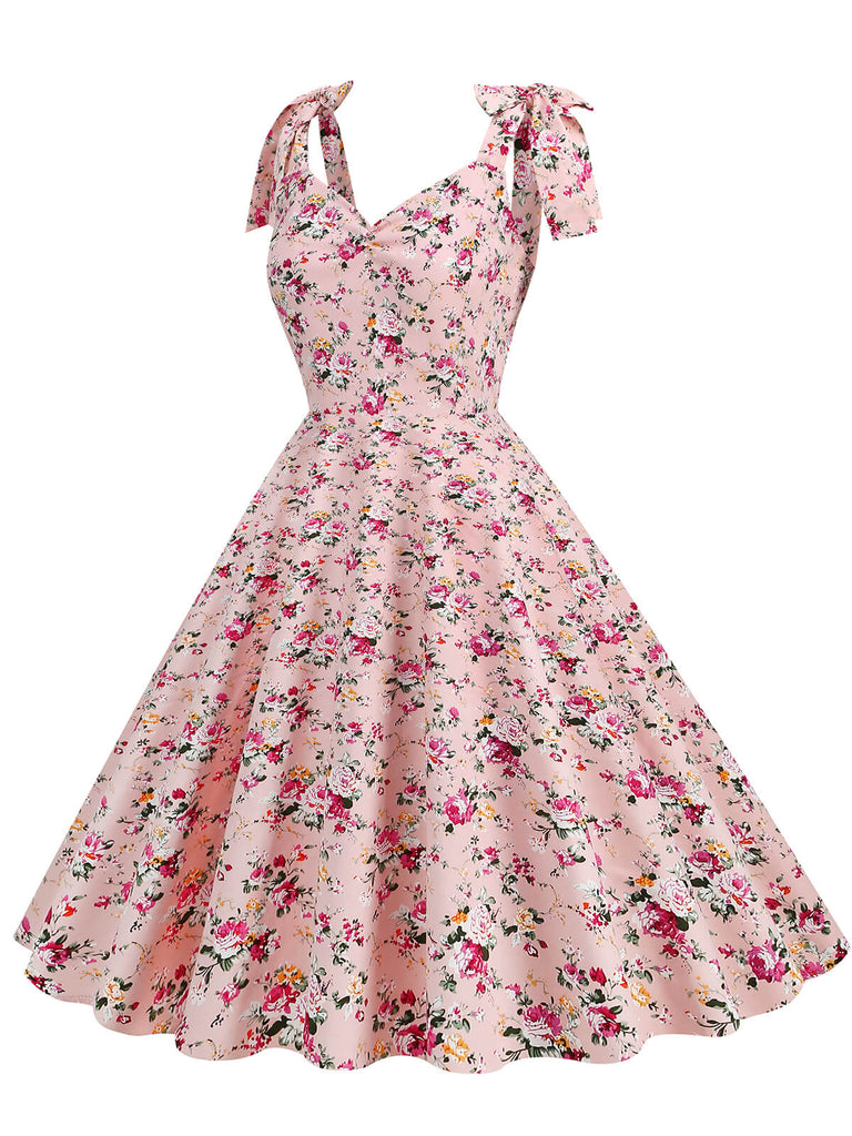 1950er Floral Schnürung Schulter V-Ausschnitt Swing Kleid