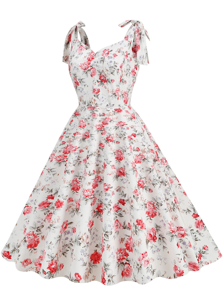 1950er Floral Schnürung Schulter V-Ausschnitt Swing Kleid