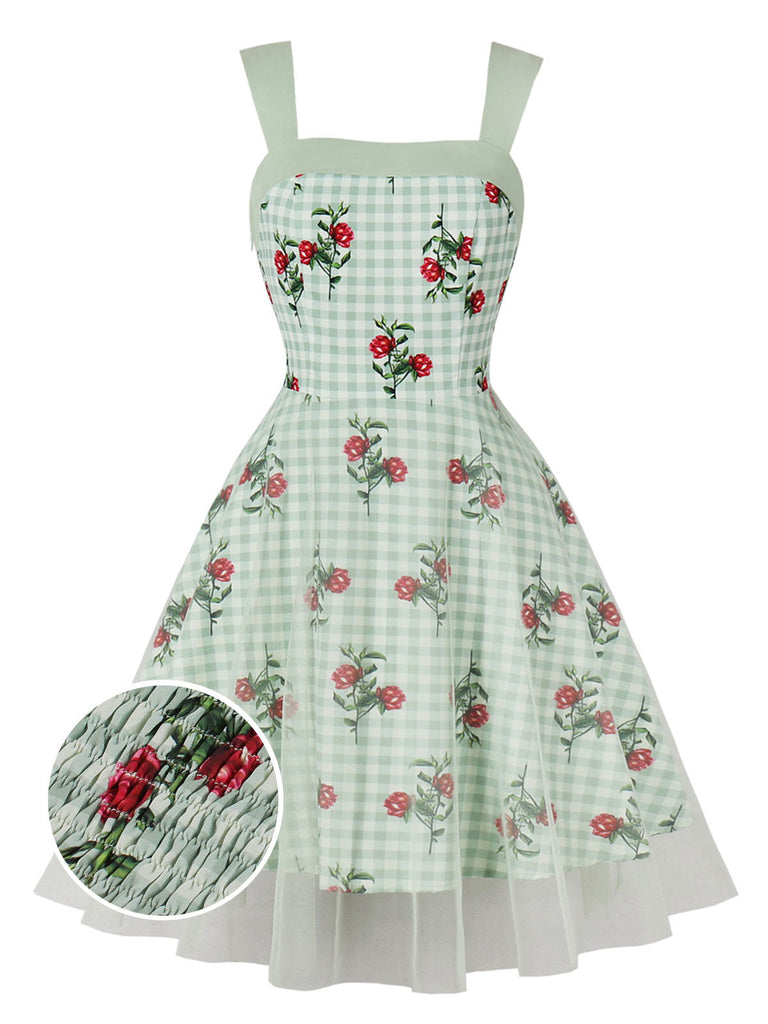 Grünes 1950er kariertes Kleid aus geblümtem Netz-Patchwork