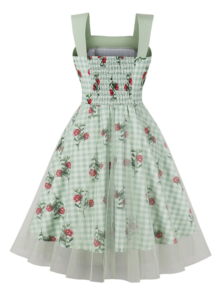 Grünes 1950er kariertes Kleid aus geblümtem Netz-Patchwork